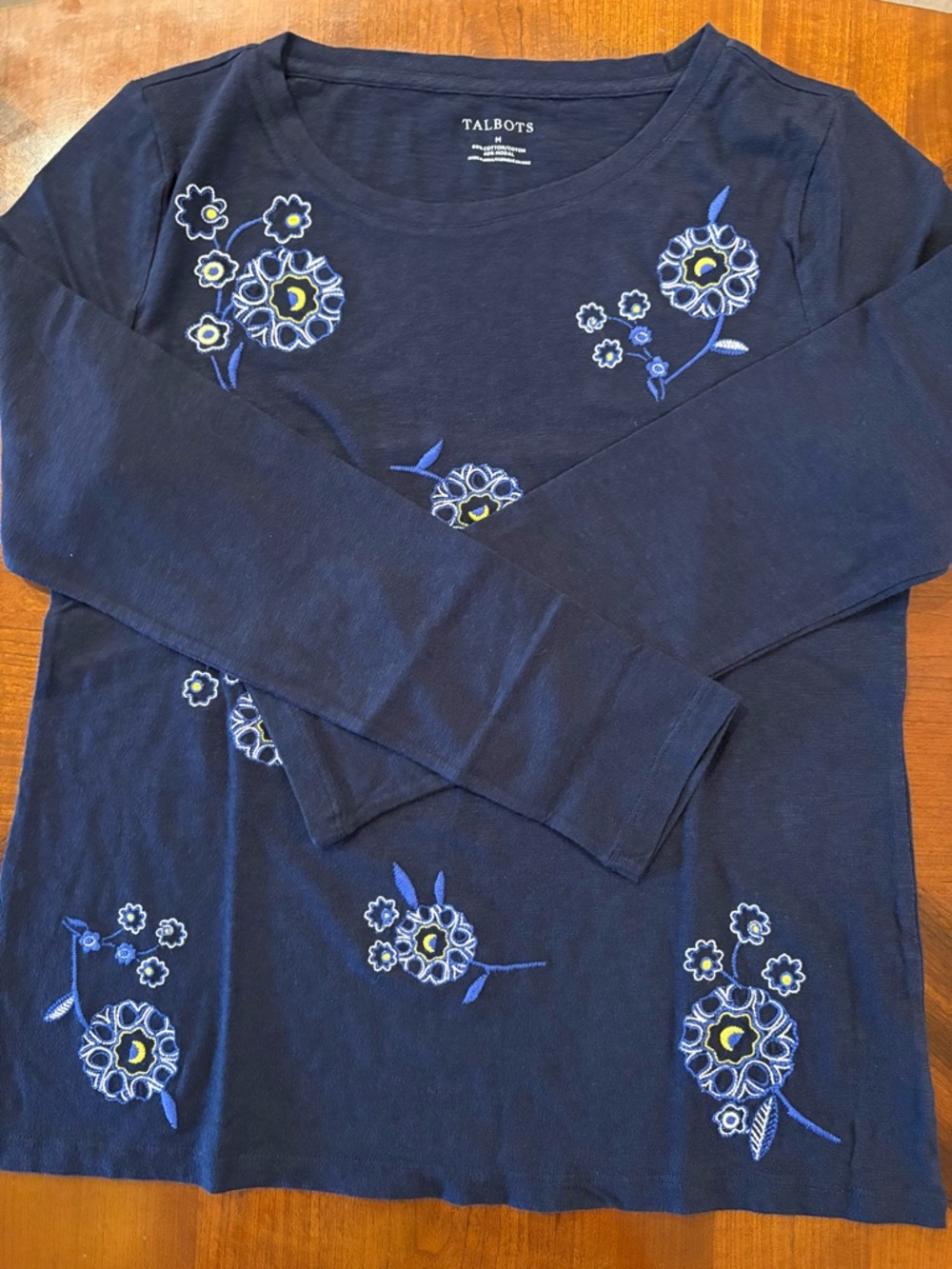 Talbots Women’s Navy 3/4-Sleeve Tee with Blue & White Floral Embroidery